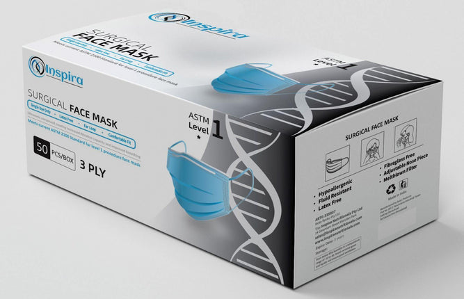 Surgical 3 Ply Face Mask Earloops box 50 - Inspira Nutritionals