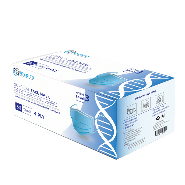Surgical 4 Ply Face Mask Earloops Box 50 - Inspira Nutritionals
